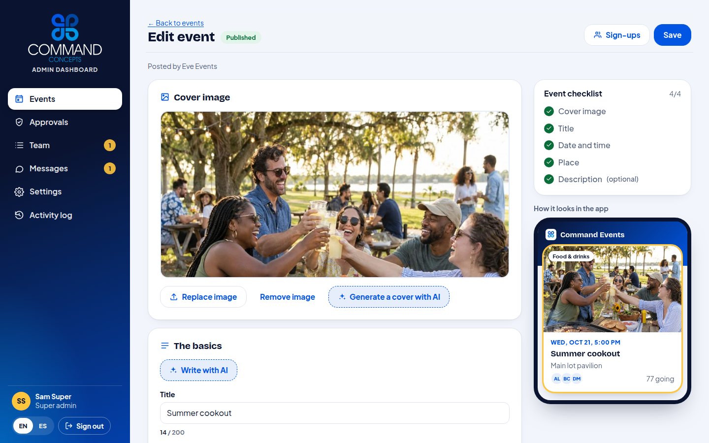 Event editor with AI cover image and live phone preview