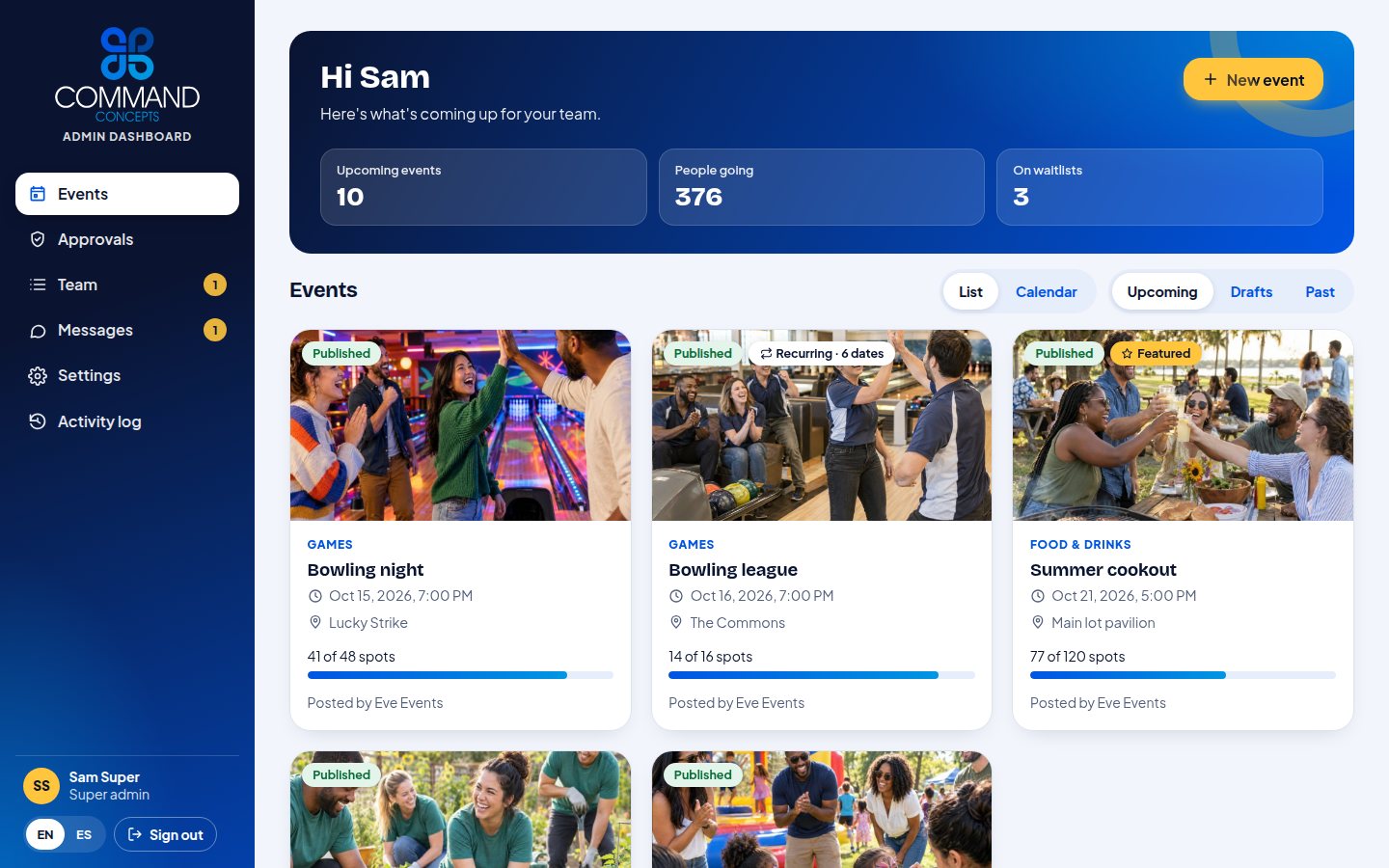 Dashboard home with upcoming events, people going and waitlists