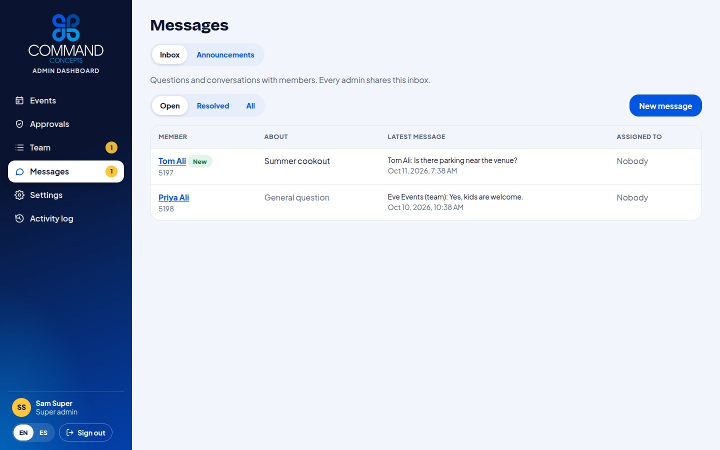 Questions inbox