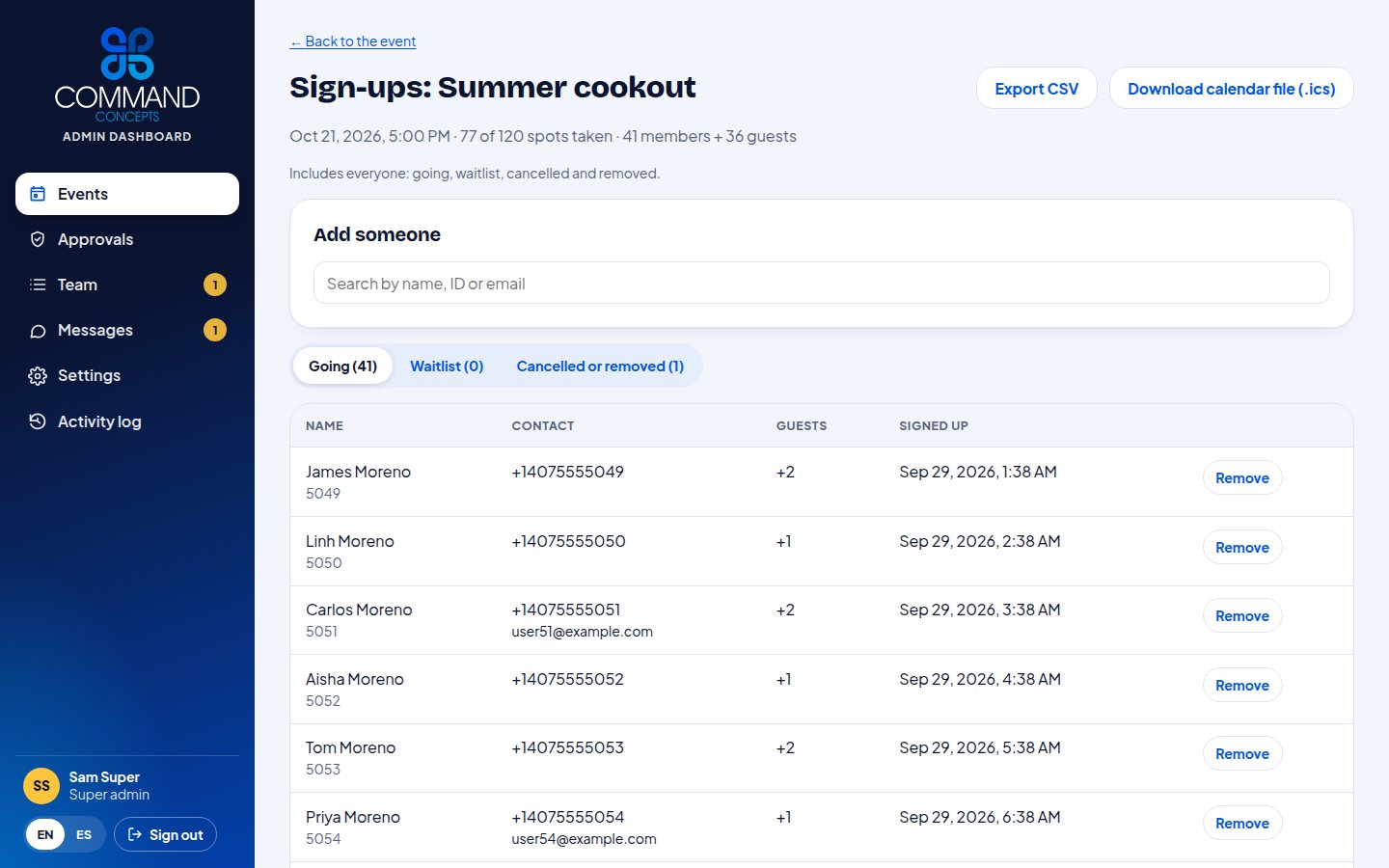 Sign-up list with guests and export