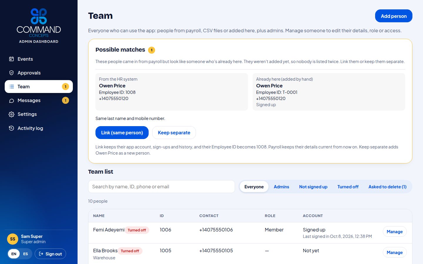 Team list synced from the HR system