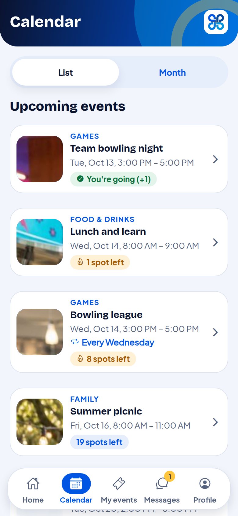 Calendar list of upcoming events