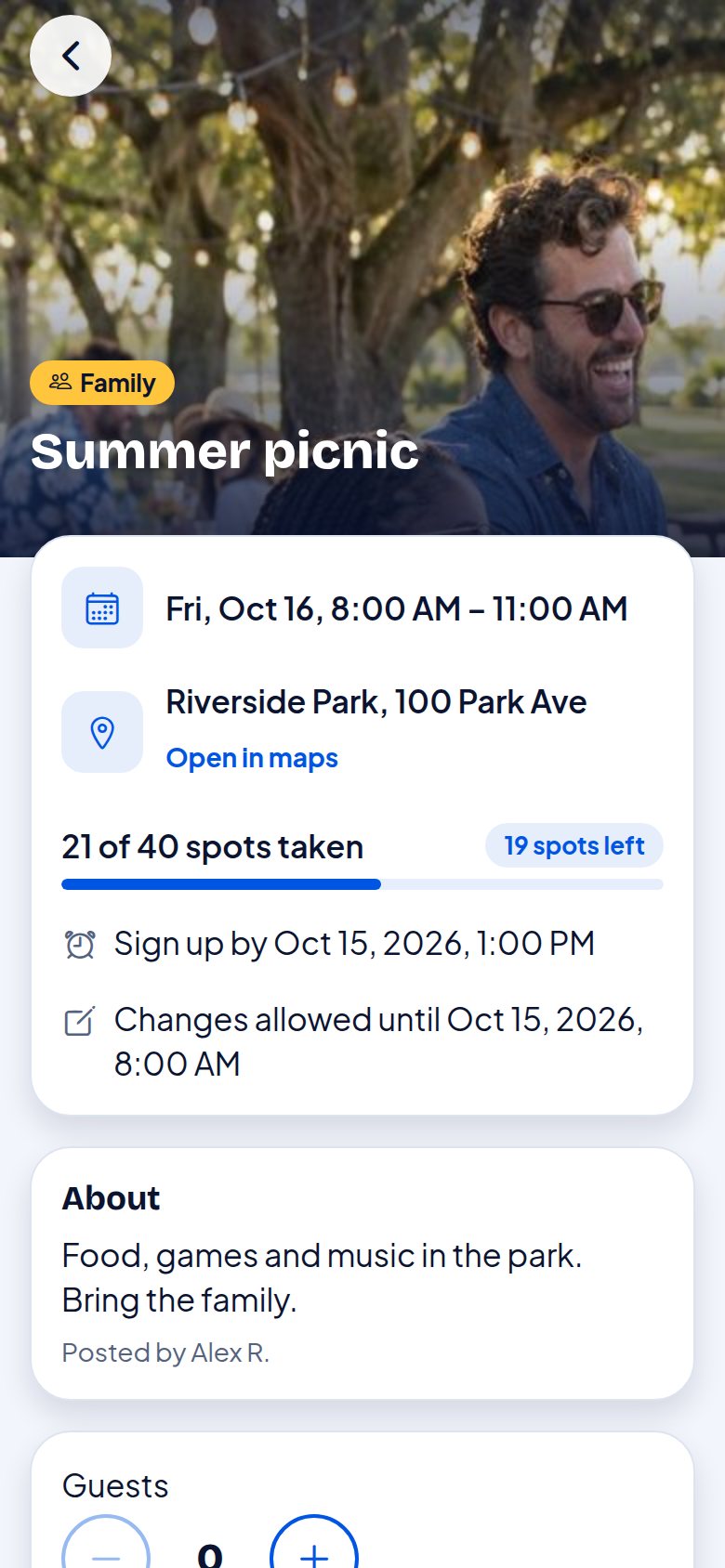 Event page with date, location and spots left