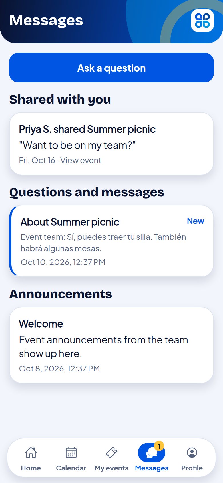 Messages with shared events, questions and announcements