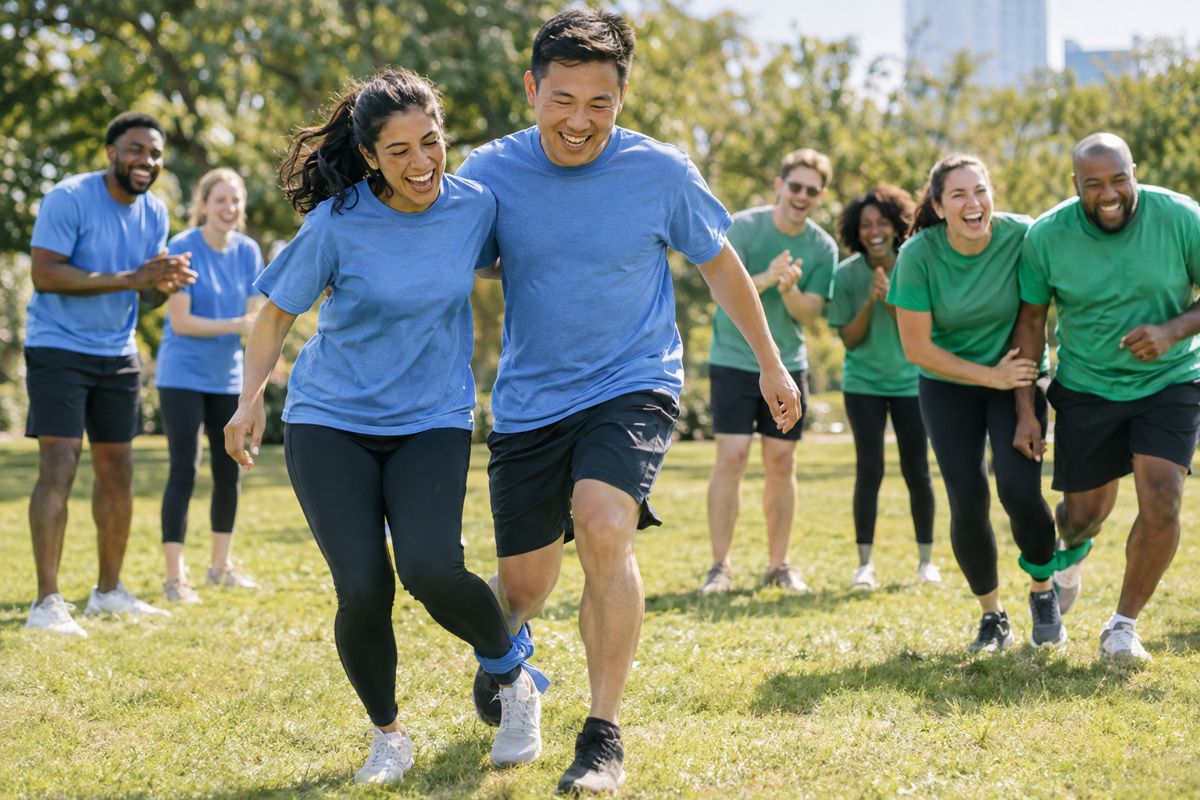 Coworkers in team shirts running a three-legged race at a company field day