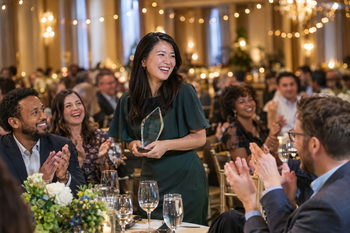 Coworkers applauding an employee holding an award at a company awards night